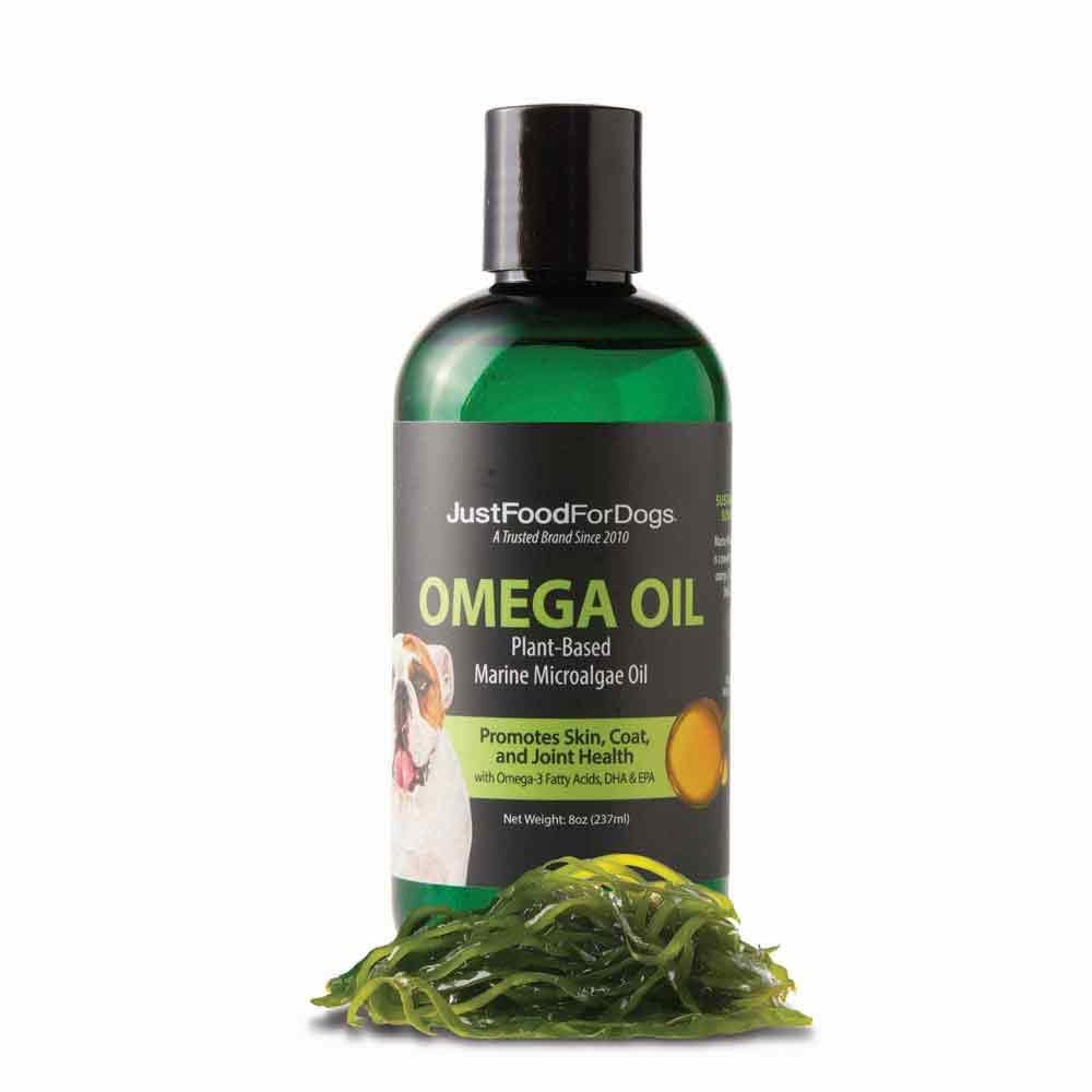 JustFoodForDogs Omega Oil bottle shows plant-based formula for healthy skin support.