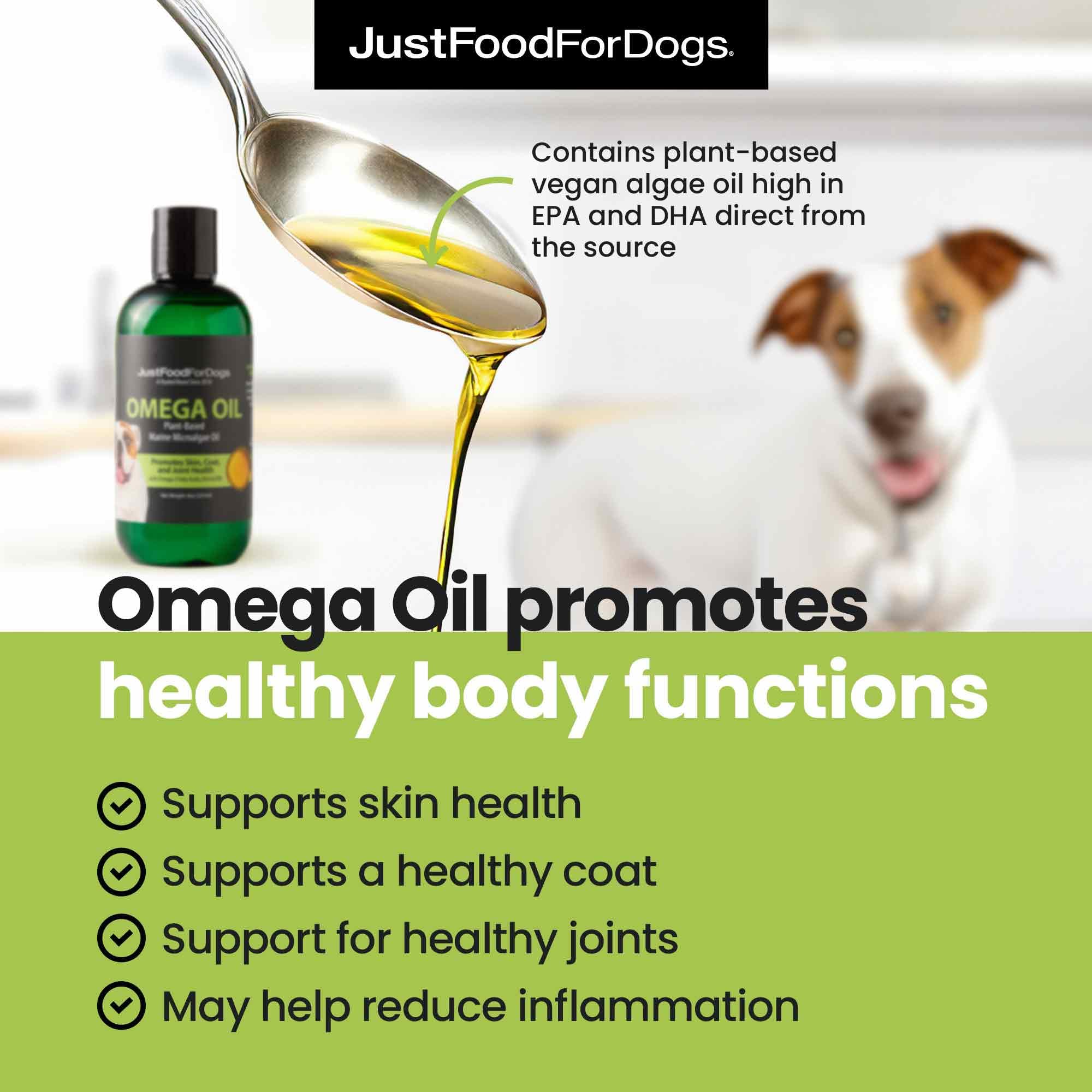 JustFoodForDogs Omega Oil label closeup highlights algae-derived EPA and DHA.