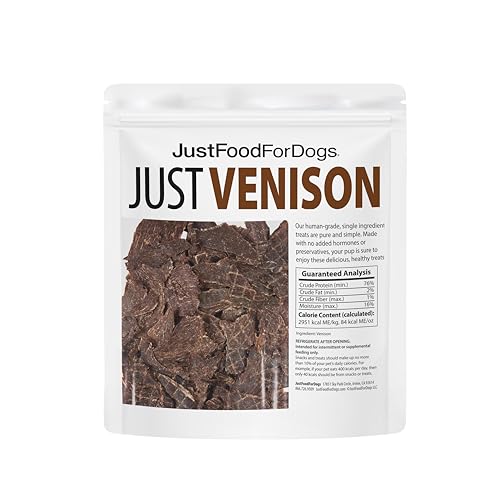 JustFoodForDogs Venison Bark closeup highlights a chewy texture ideal for rewards.