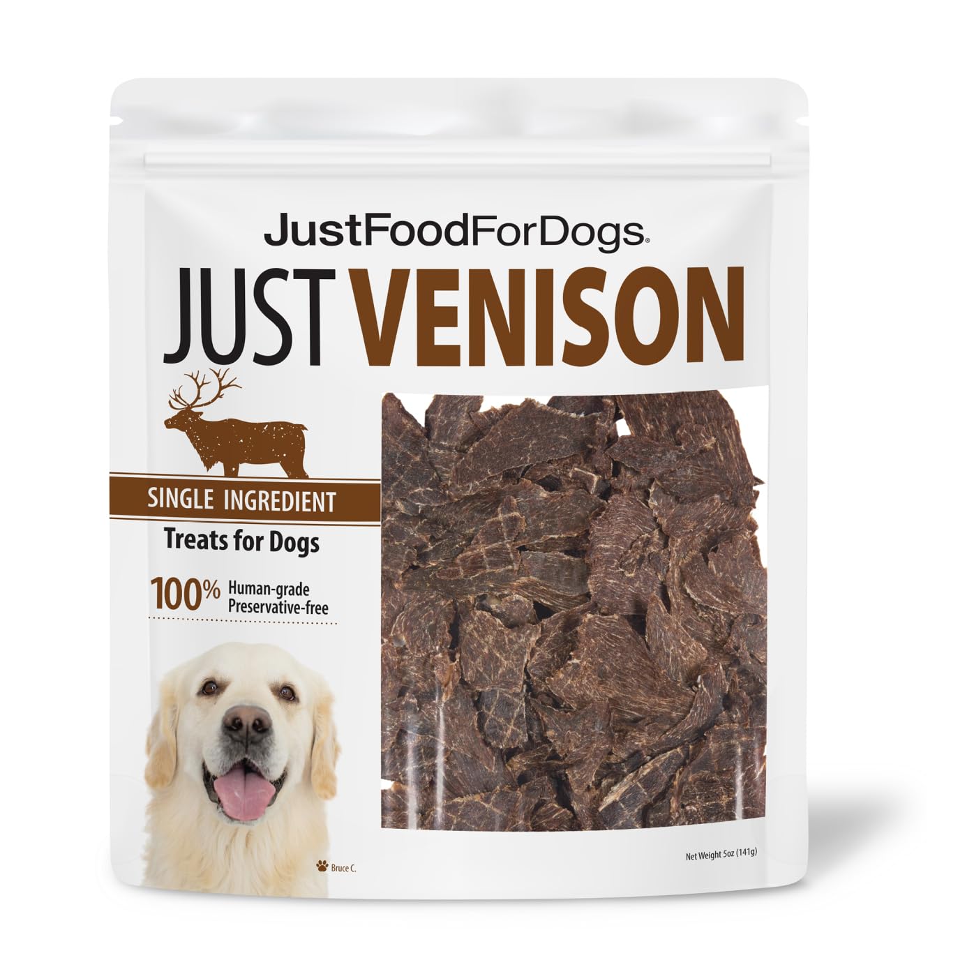 JustFoodForDogs Venison Bark pack shows a low-calorie, human-grade dog treat for training.