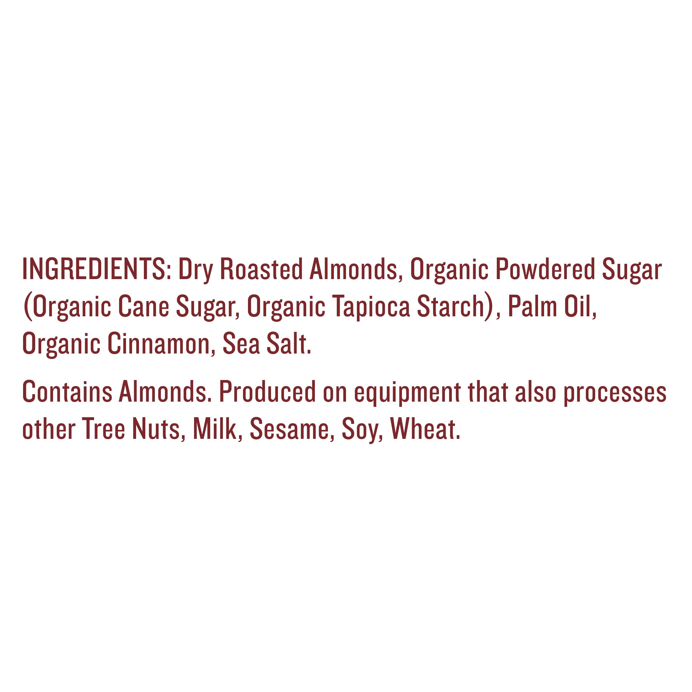 Justins Almond Cinnamon Ingredients label close-up, gluten-free and non-GMO features.
