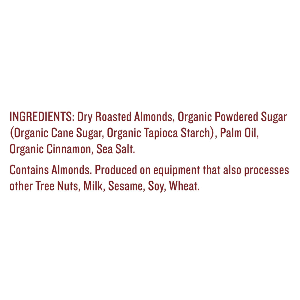 Justins Almond Cinnamon Ingredients label close-up, gluten-free and non-GMO features.