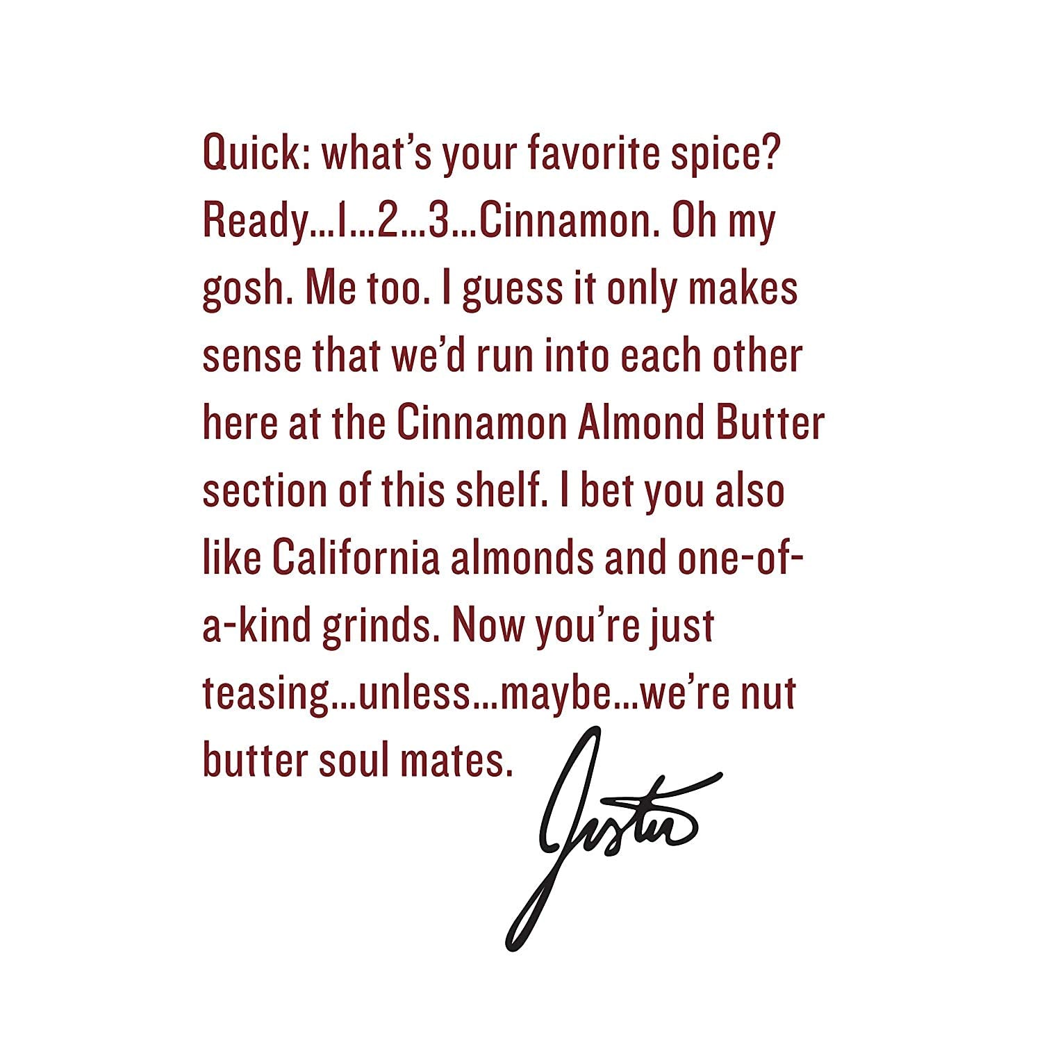 Justins Almond Cinnamon Squeeze Pack nutrition panel, 6g protein per pack.
