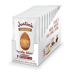 Justins Almond Cinnamon Squeeze Pack front view, portable protein-rich snack.