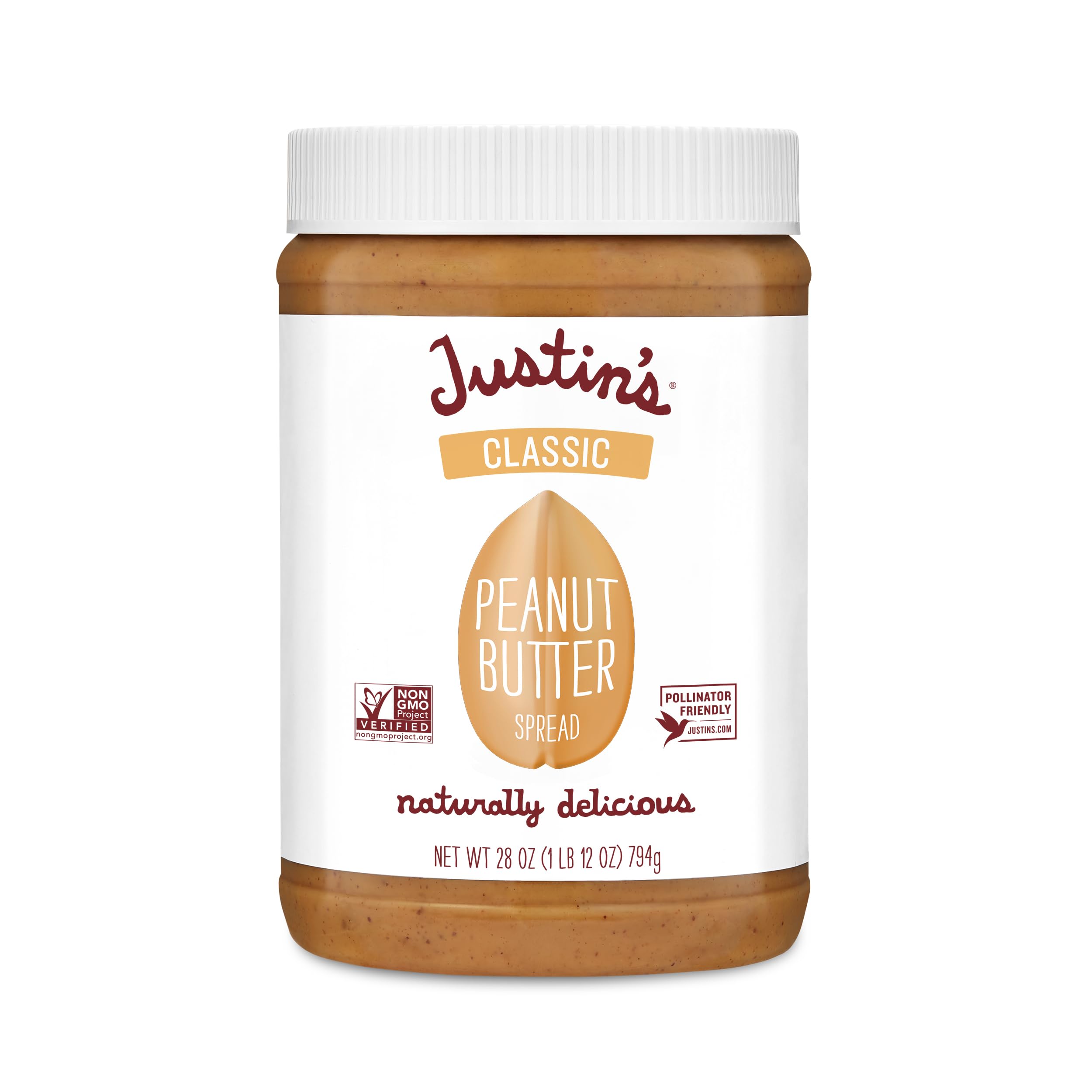 Justin's Classic Peanut Butter Spread jar shows creamy texture for sandwiches