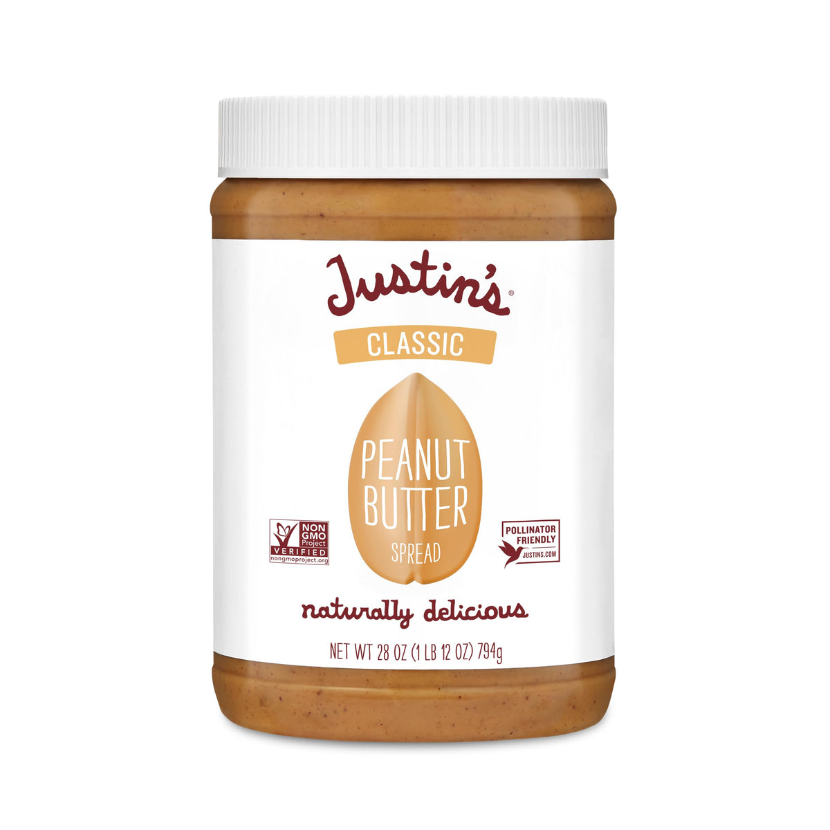 Justin's Classic Peanut Butter Spread jar shows creamy texture for sandwiches