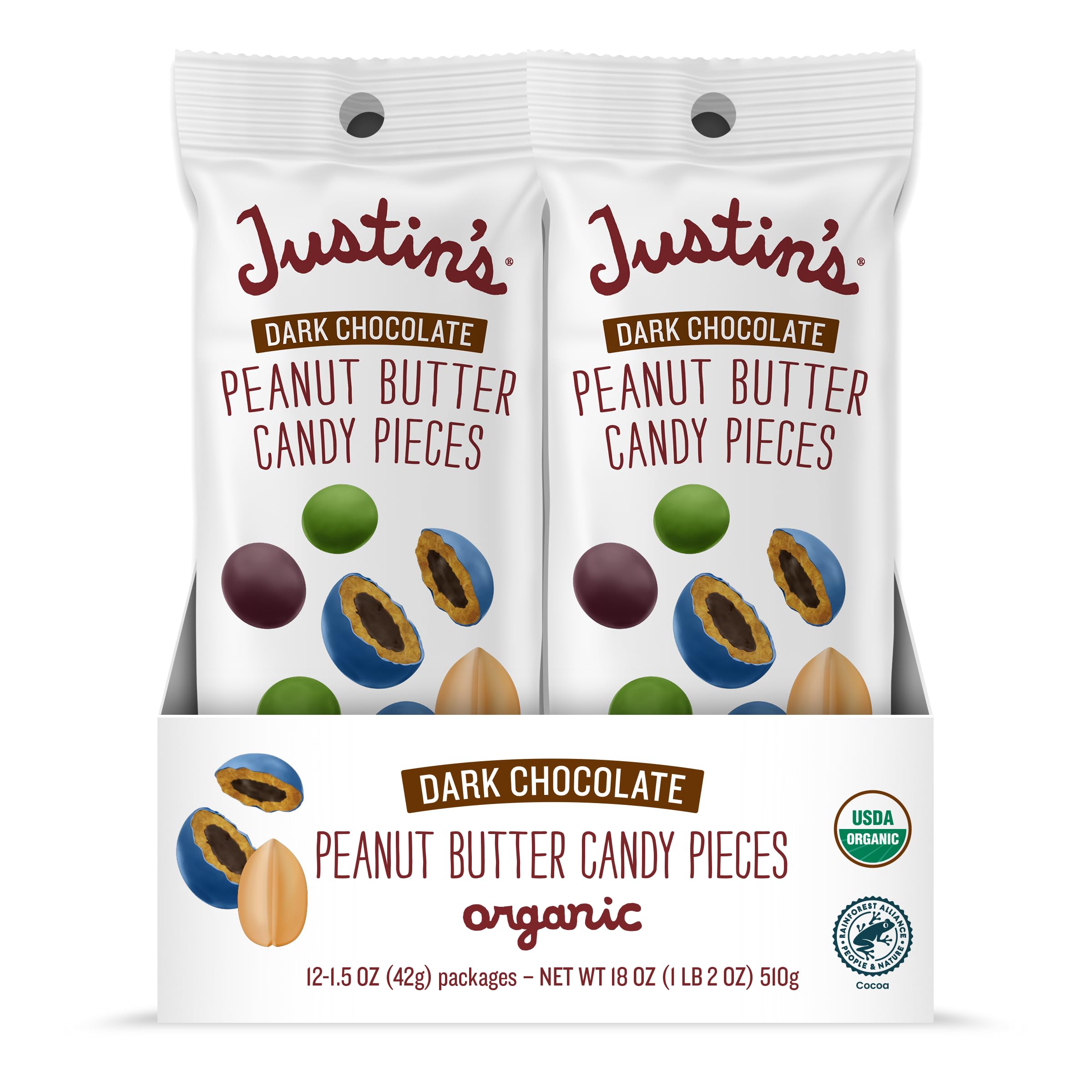 Justin's dark chocolate peanut butter candy pieces 12-pack on pack-shot for on-the-go snacking