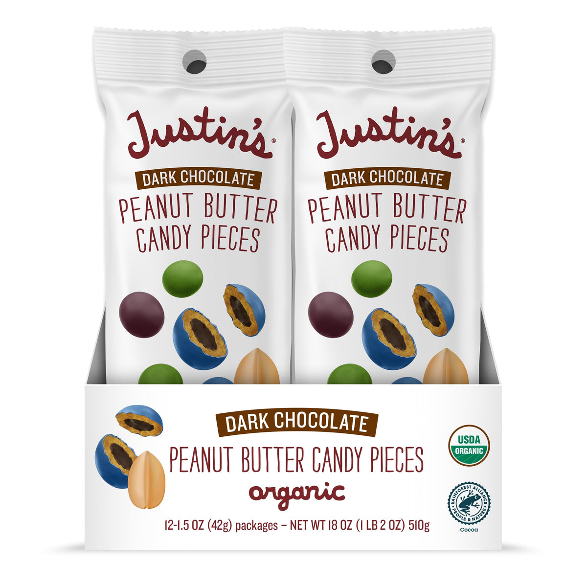 Justin's dark chocolate peanut butter candy pieces 12-pack on pack-shot for on-the-go snacking