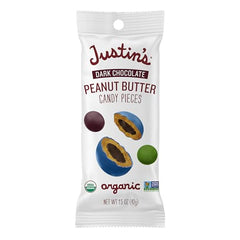 Justin's dark chocolate peanut butter candy pieces, bags closeup highlighting single-serve convenience
