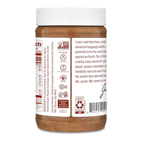Justin's Honey Almond Butter label highlights gluten-free and non-GMO notes.