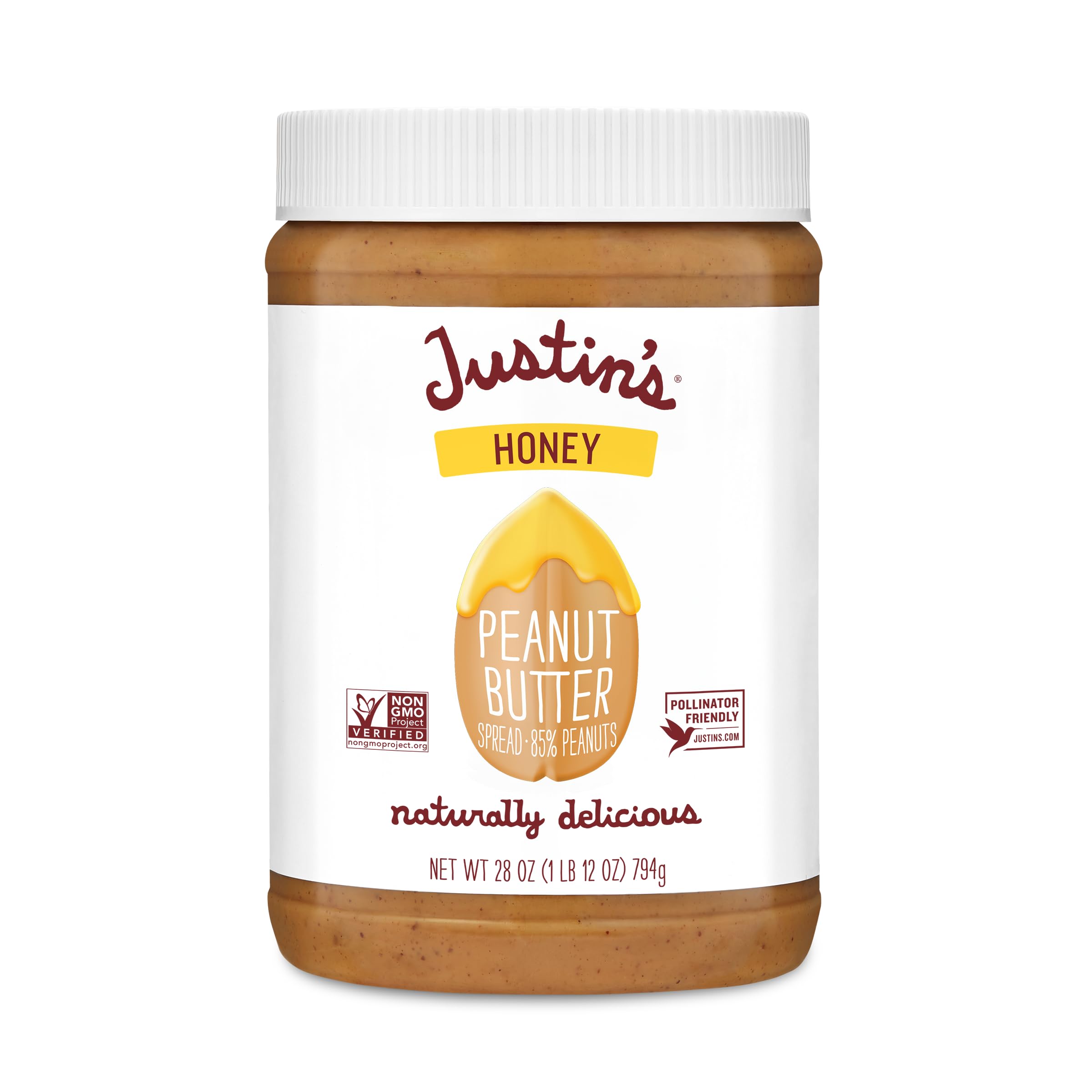 Justin's No Stir Honey Peanut Butter jar shows creamy texture for quick snacking