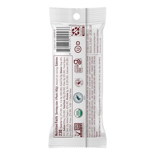 Justin's organic cocoa label and Rainforest Alliance packaging emphasizing responsibly sourced ingredients