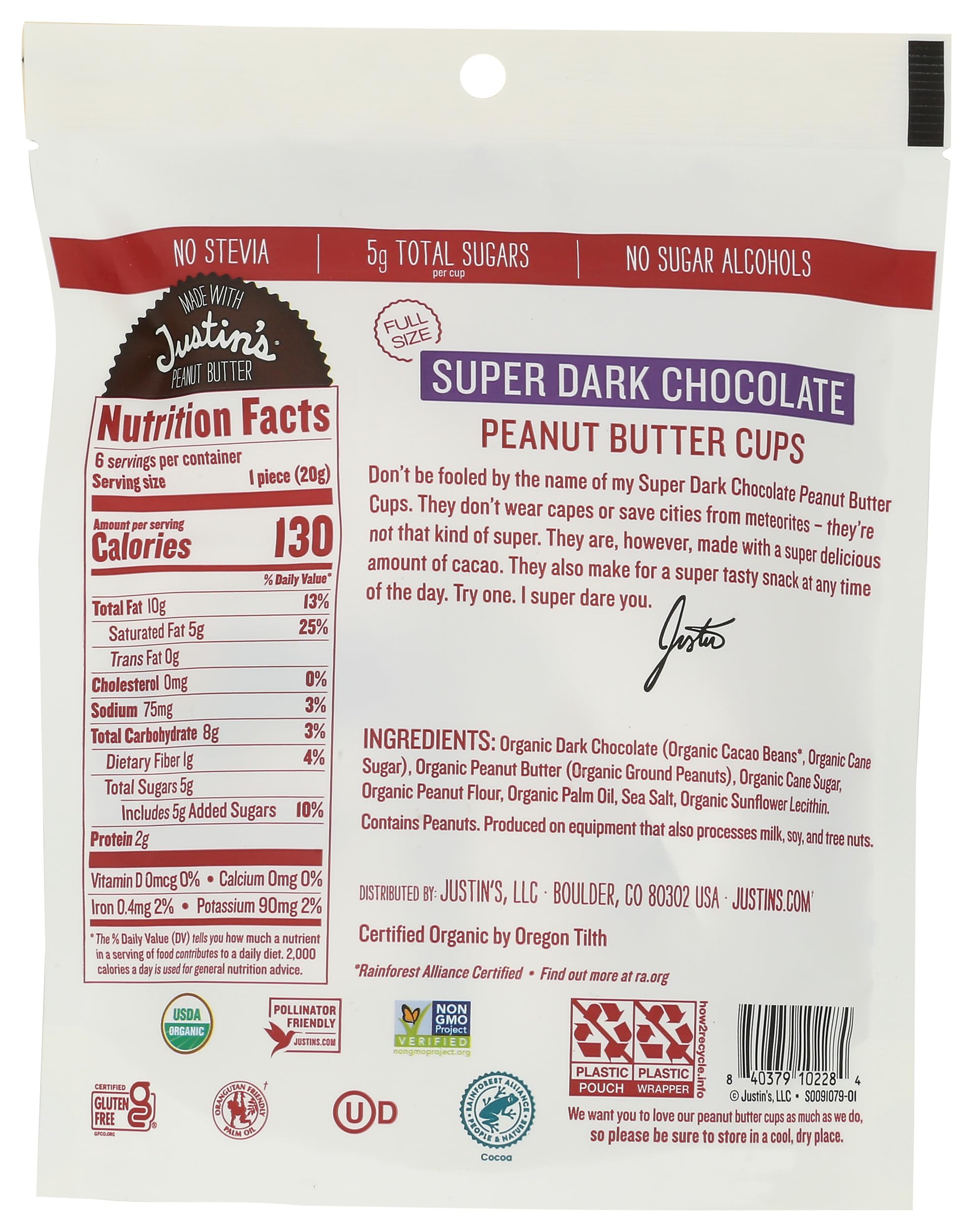 Justin's Organic Super Dark Chocolate Peanut Butter Cups cups display showing premium chocolate and creamy peanut butter