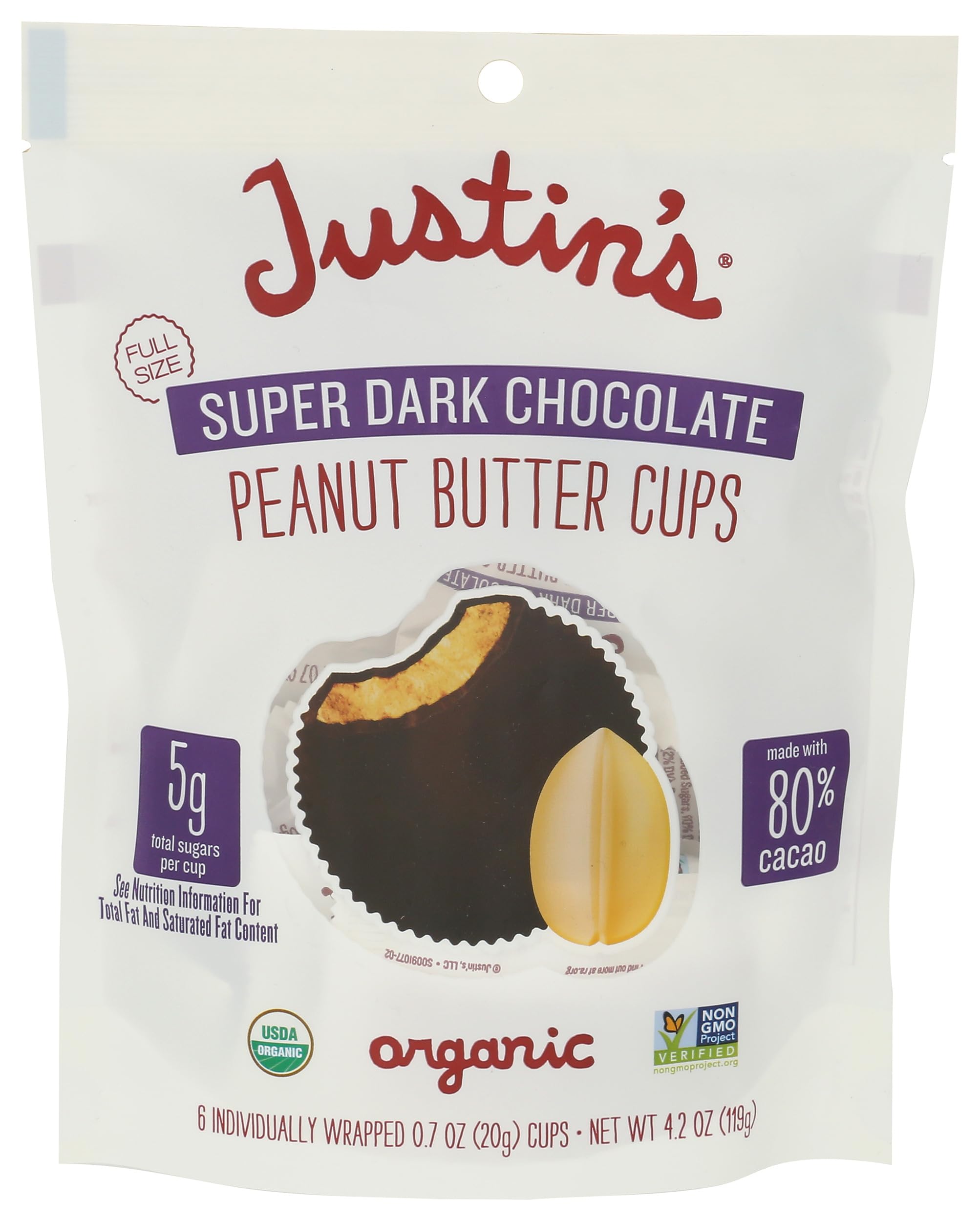 Justin's Organic Super Dark Chocolate Peanut Butter Cups package close-up for a rich snack