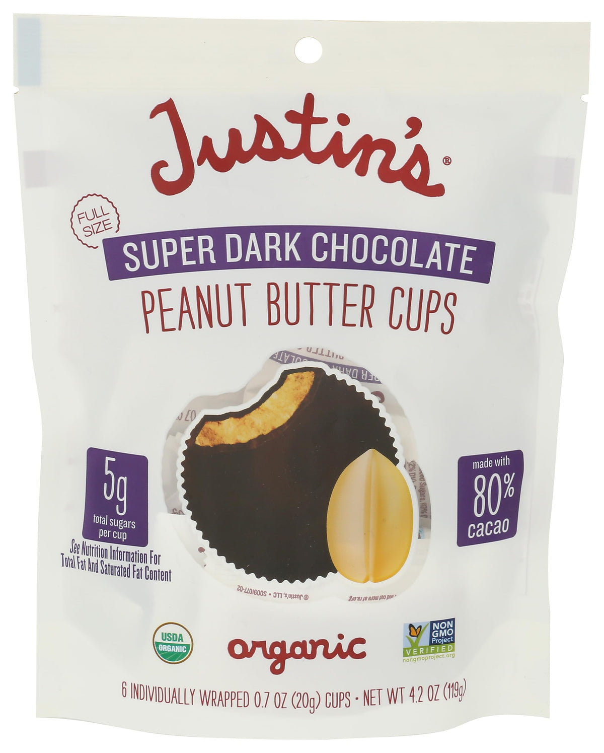 Justin's Organic Super Dark Chocolate Peanut Butter Cups package close-up for a rich snack