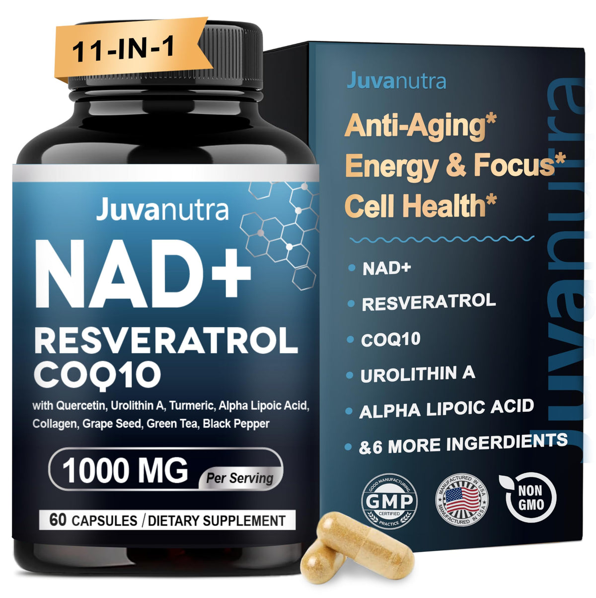 JuvaNutra NAD 11-in-1 bottle front, supports daily energy and focus.