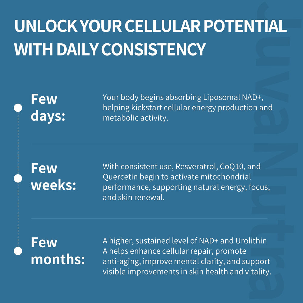 JuvaNutra NAD 11-in-1 ingredients icons, highlighting antioxidants and mitochondrial support.
