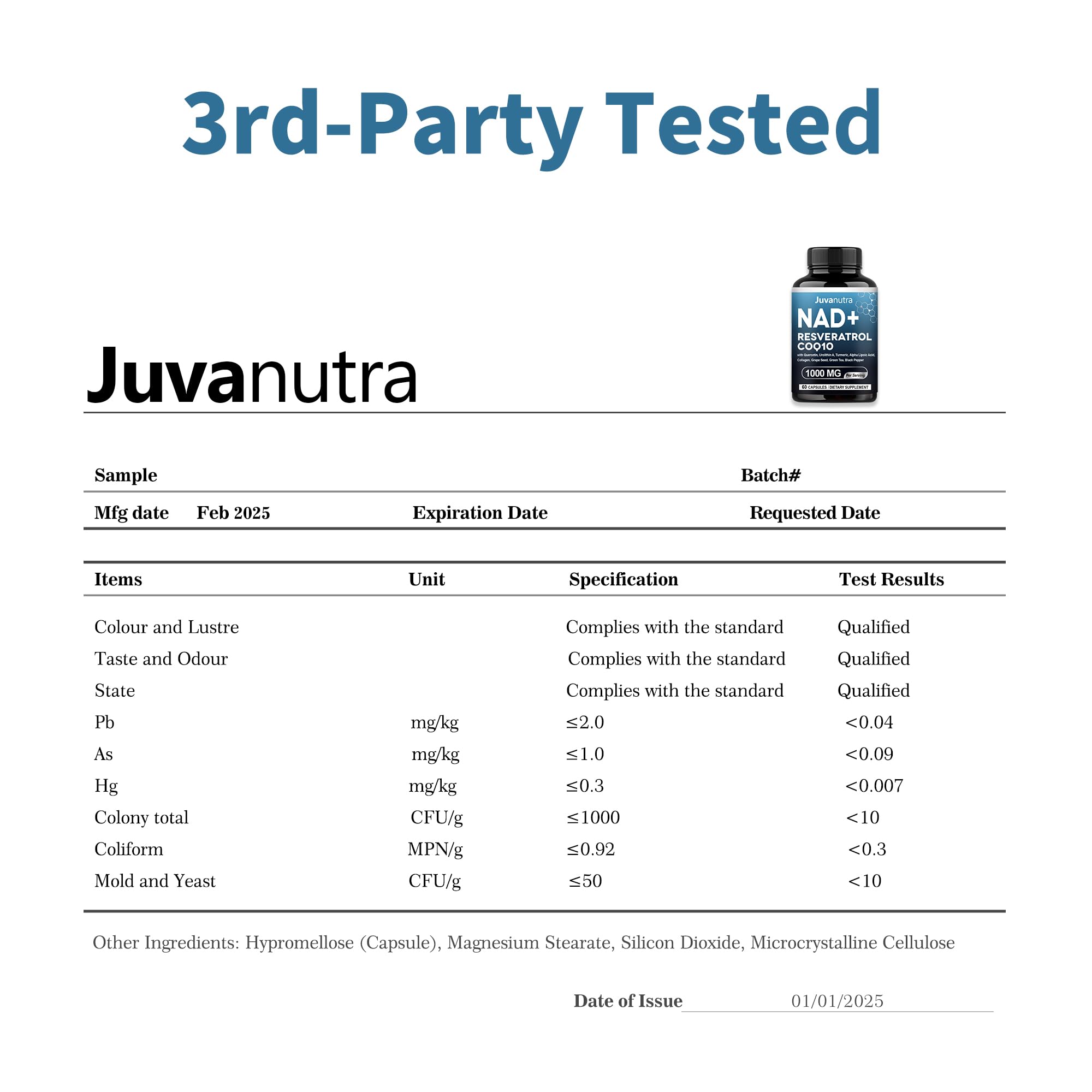 JuvaNutra NAD 11-in-1 third-party test seal, assurance of purity and potency.