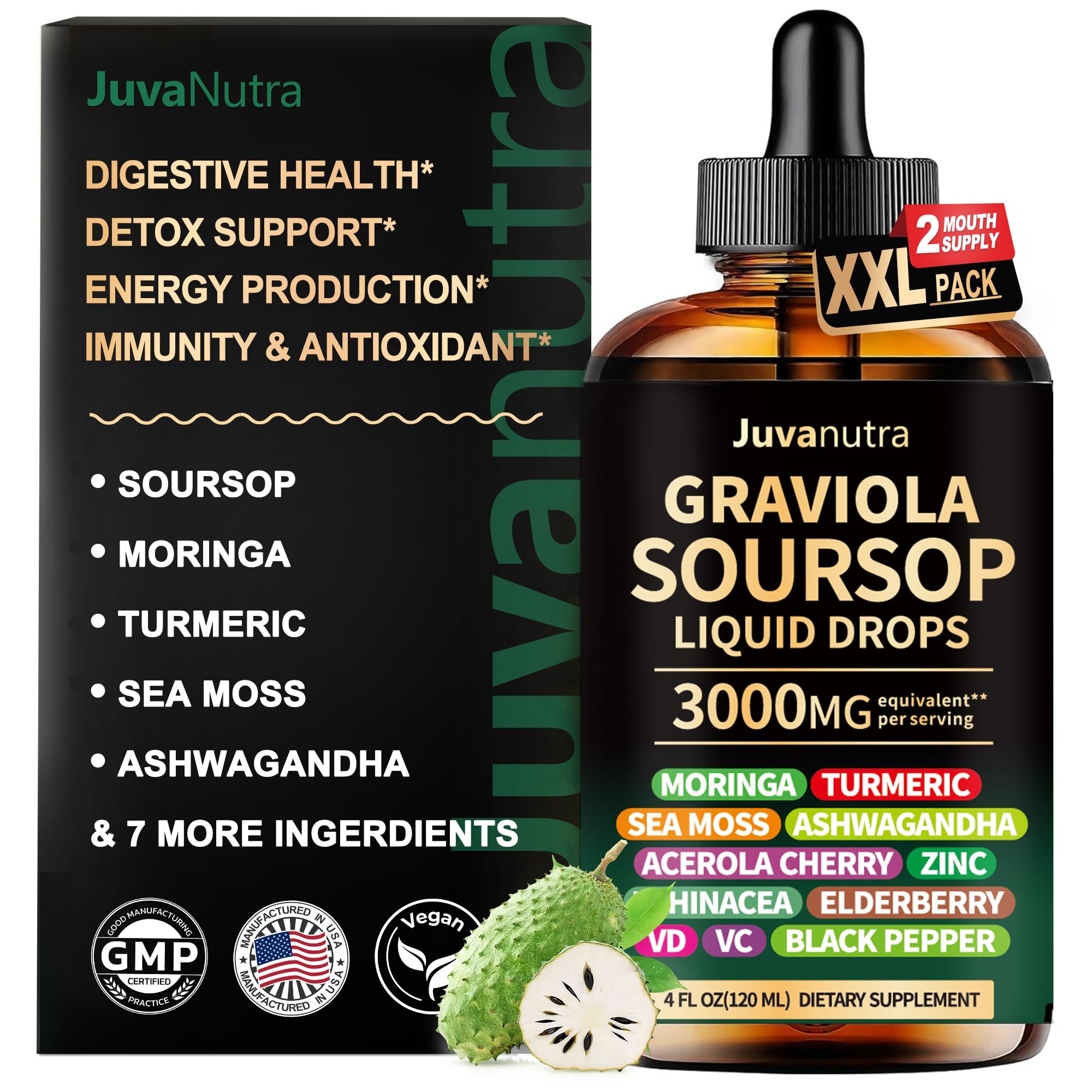 JuvaNutra Soursop Bitters bottle highlights digestive wellness on the kitchen counter.