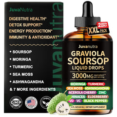 JuvaNutra Soursop Bitters bottle highlights digestive wellness on the kitchen counter.
