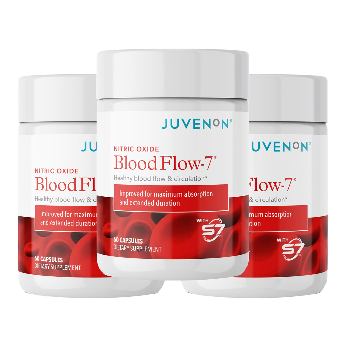 Juvenon BloodFlow-7 bottle front shows Nitrosigine and S7 for energy and focus.
