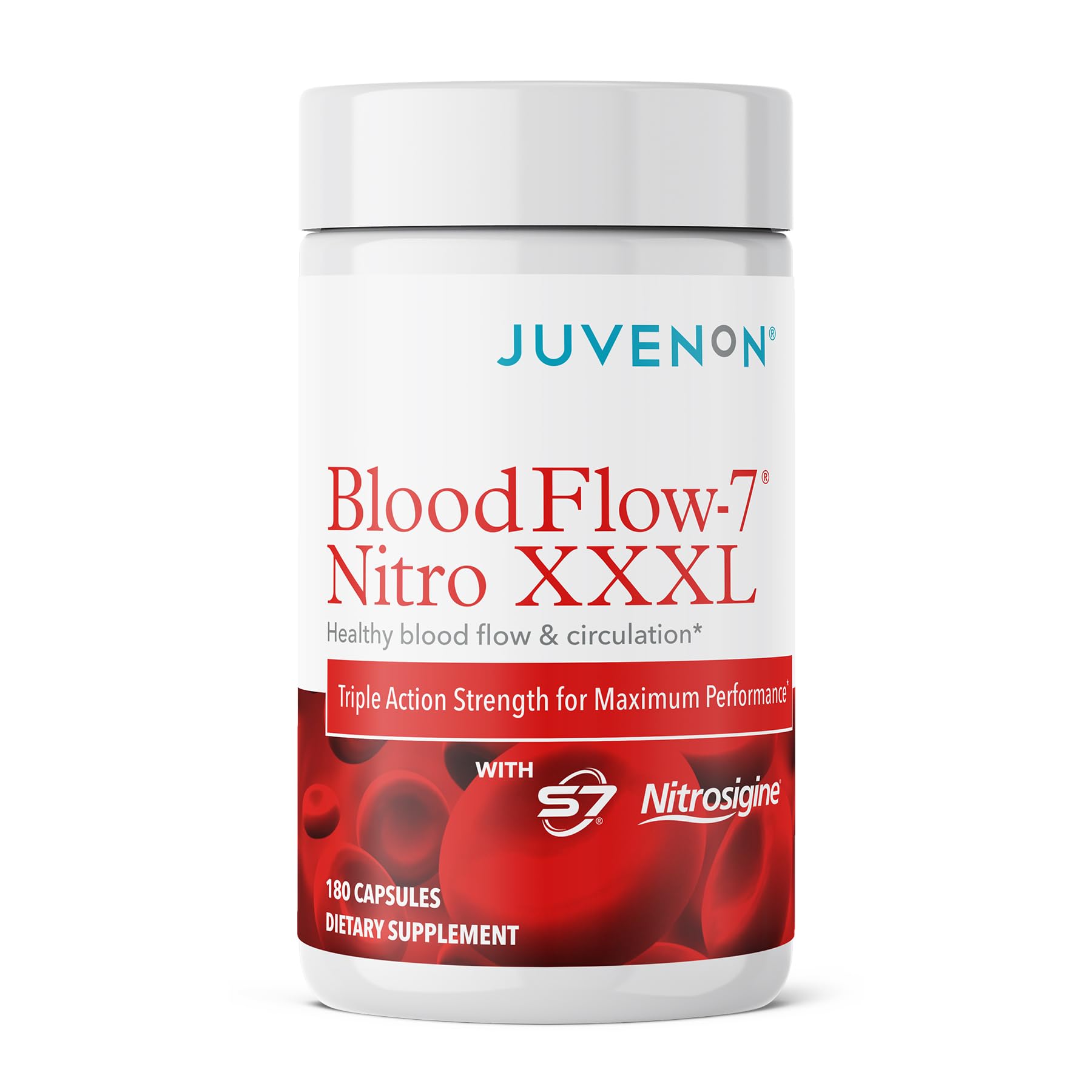 Juvenon BloodFlow-7 bottle front view highlighting nitric oxide formula for workouts.