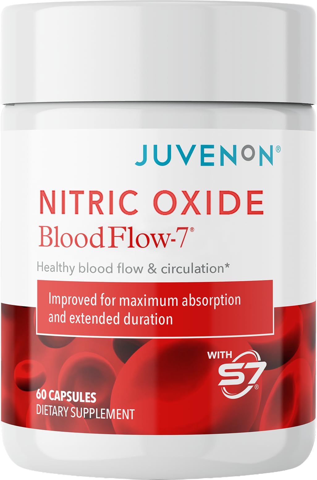 Juvenon BloodFlow-7 bottle and label highlighting nitric oxide support for workouts.