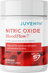 Juvenon BloodFlow-7 bottle and label highlighting nitric oxide support for workouts.