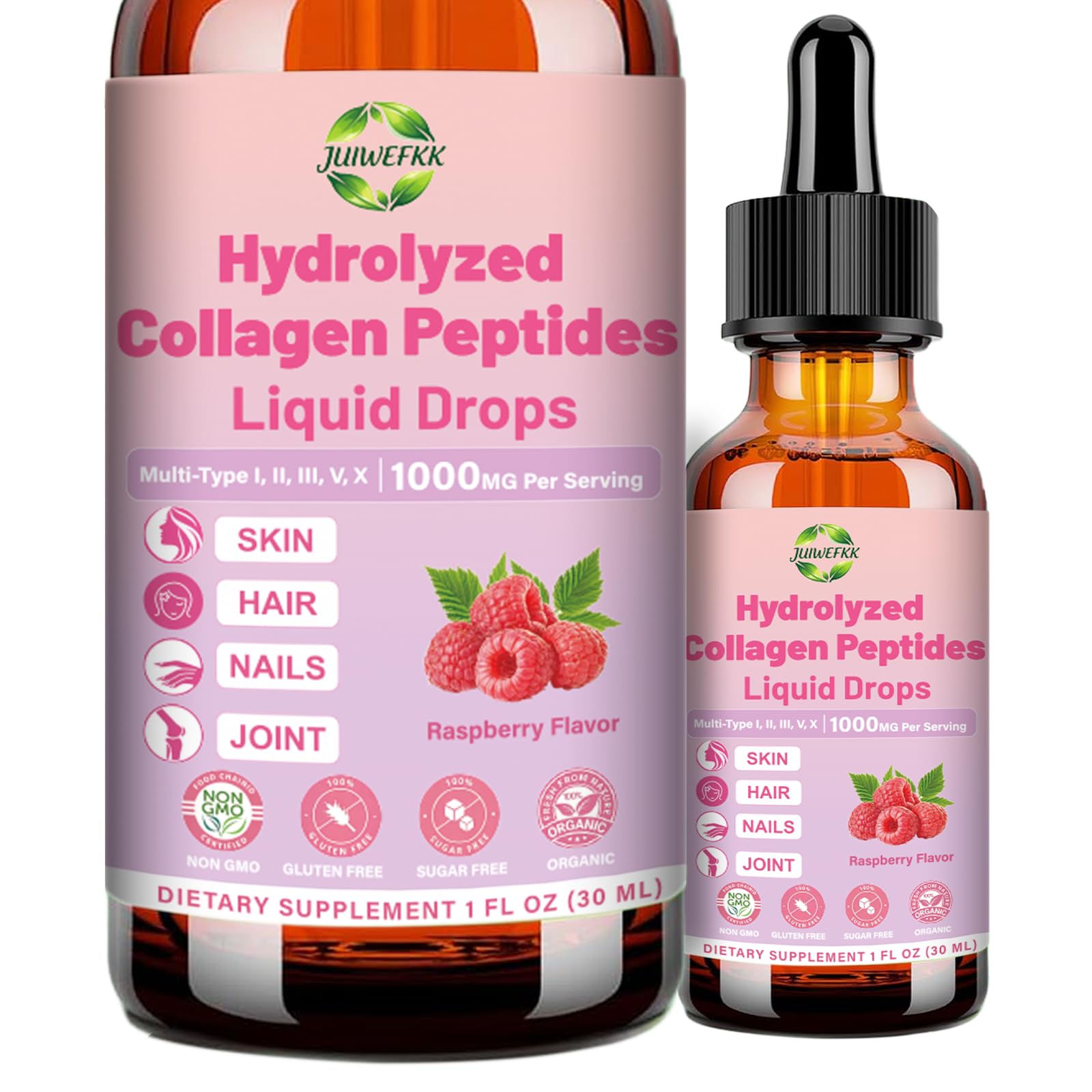 JUIWEFKK hydrolyzed collagen liquid drop raspberry bottle for easy daily supplementation.