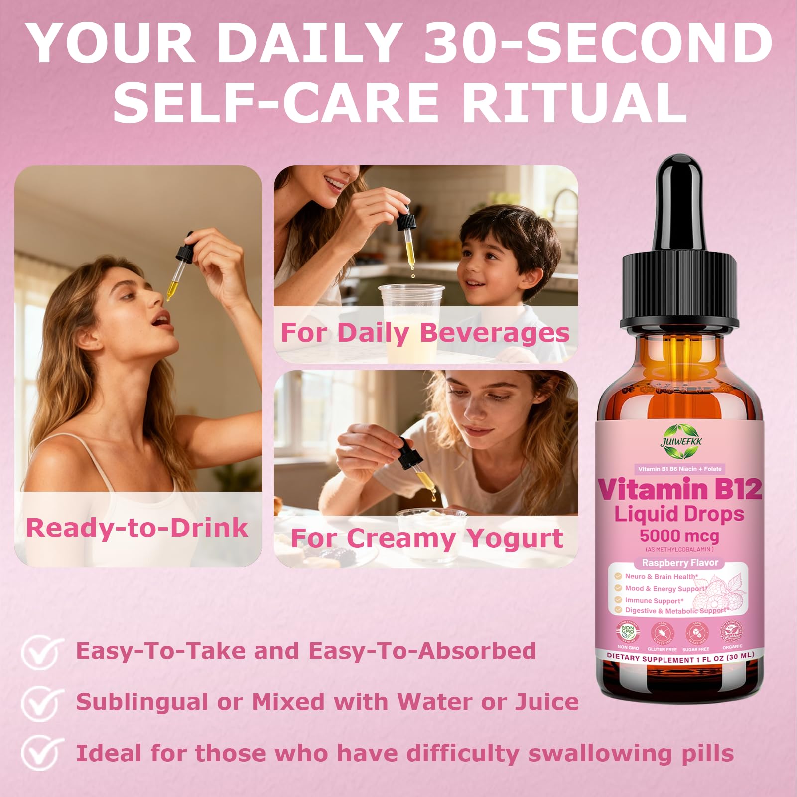 JUIWEFKK B12 drops close-up on bottle highlighting 5000 mcg potency