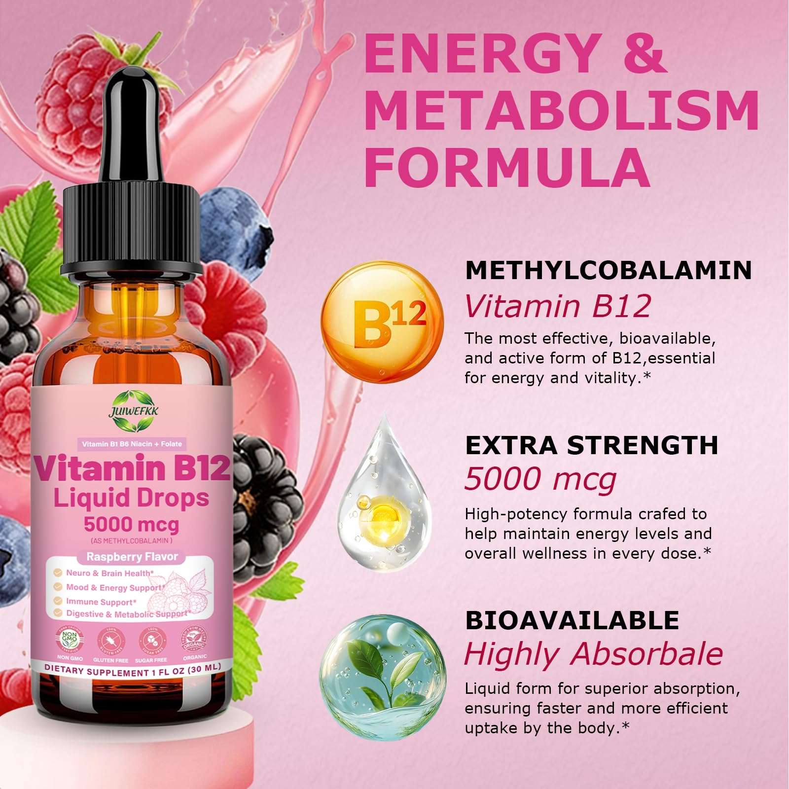 JUIWEFKK B12 drops dropper detail enabling precise dosing and ease of use