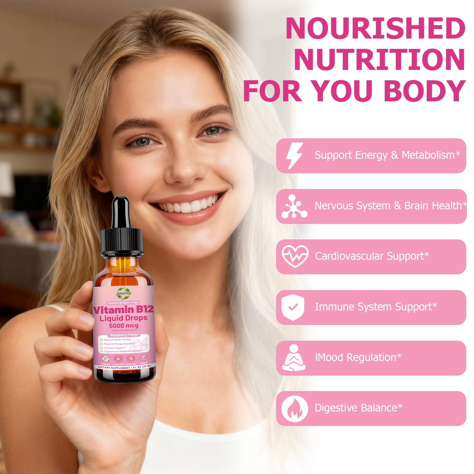 JUIWEFKK B12 drops label graphic emphasizing vegan, non-GMO formula
