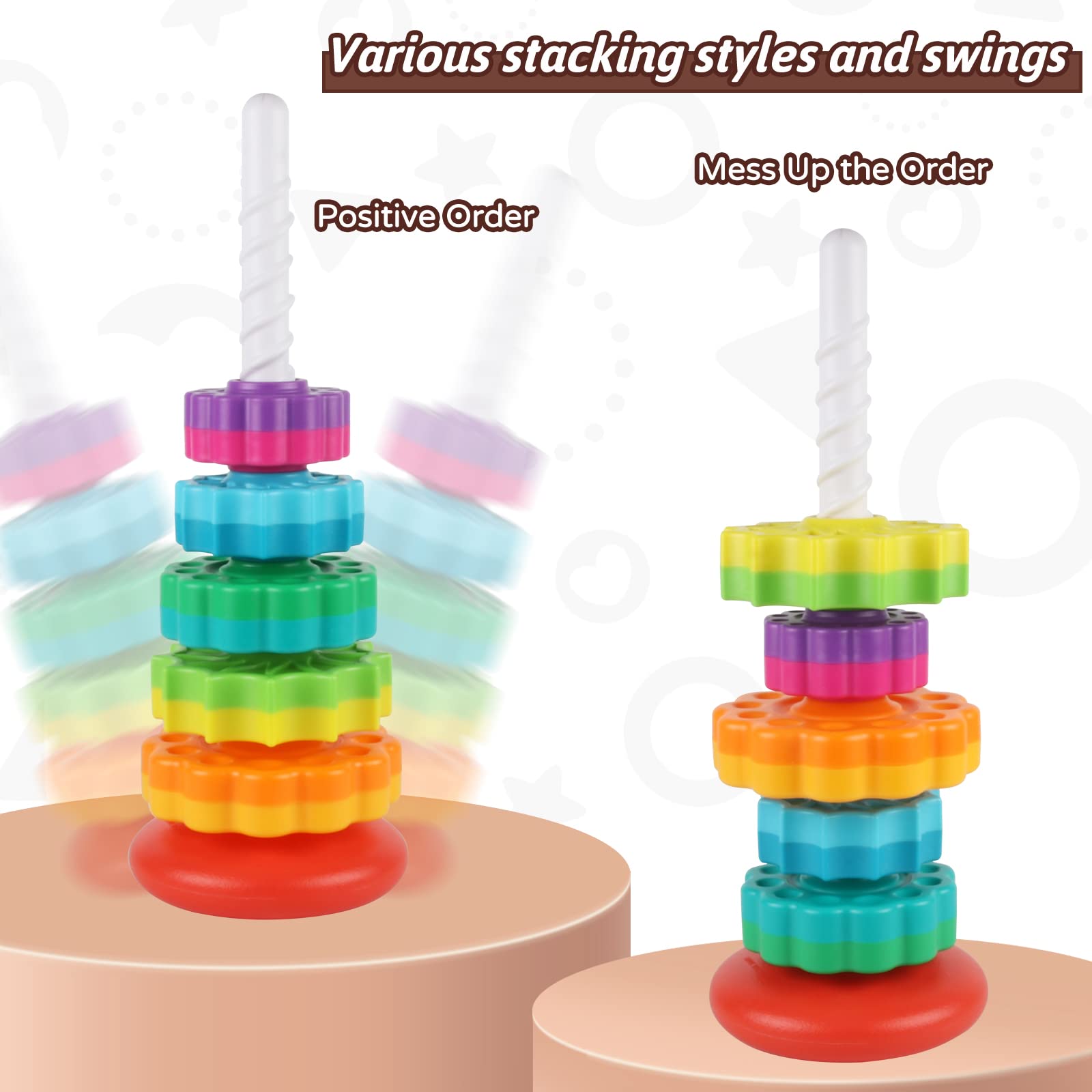 JUXUE colorful discs stacked by size and color enhance fine motor skills.