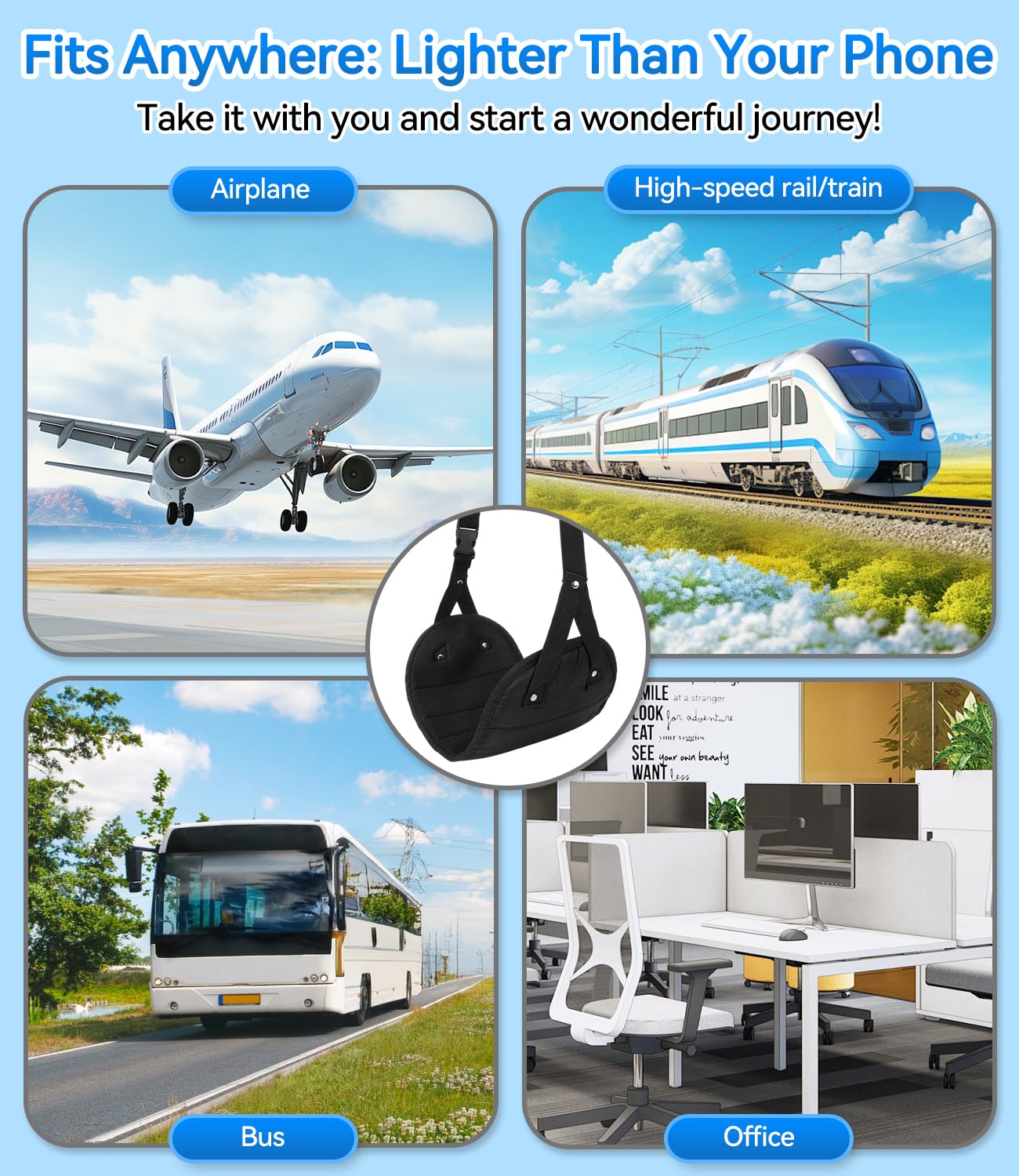 Juxujoin foot hammock in train setting conveys versatile travel comfort.