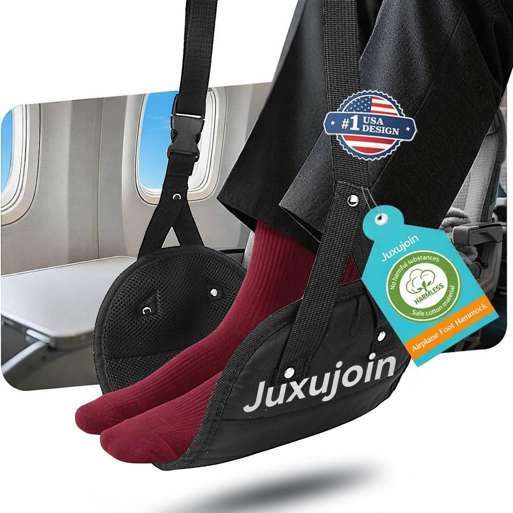 Juxujoin ergonomic airplane foot hammock memory foam top view enhances comfort on long flights.