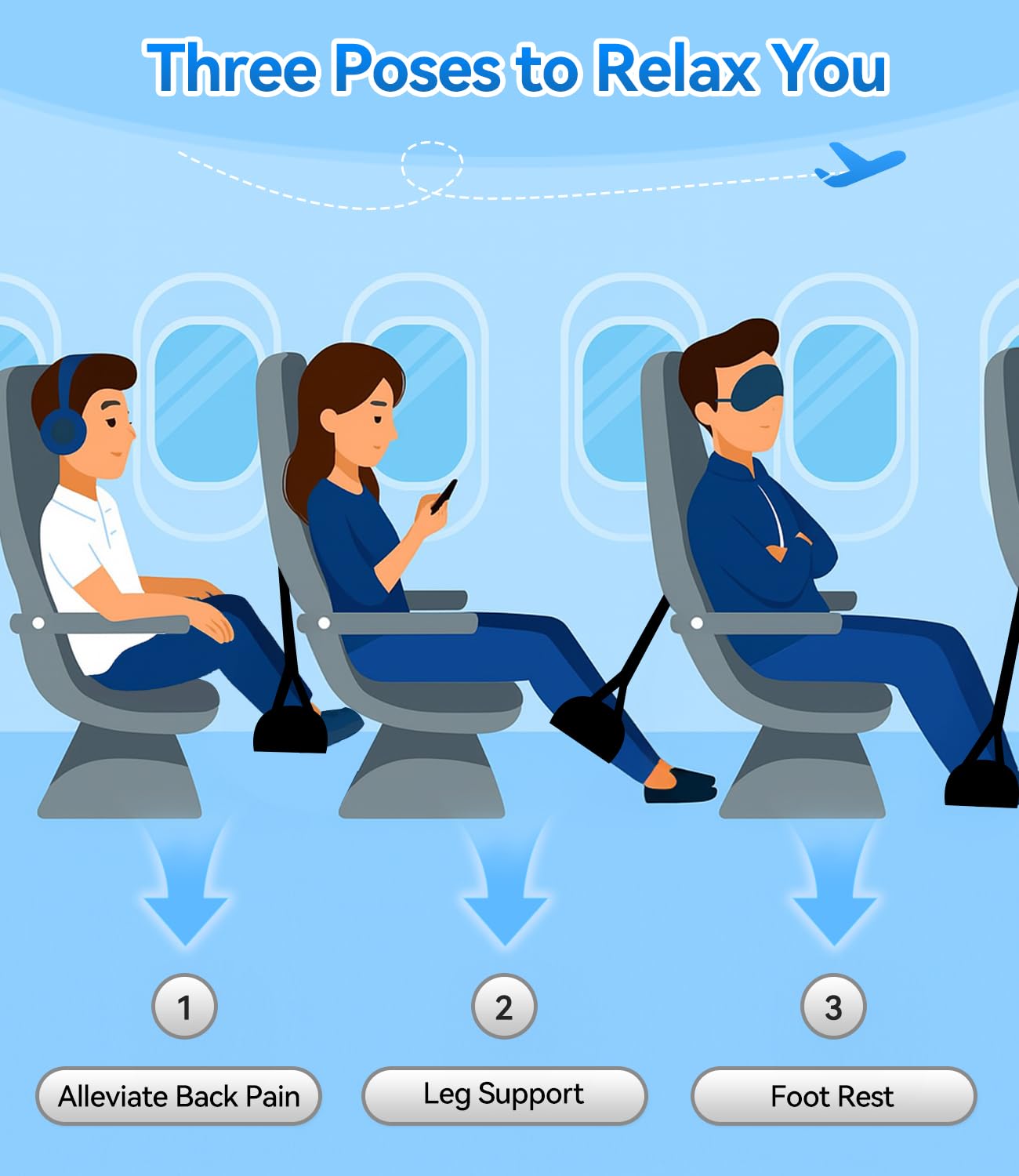Juxujoin foot hammock on tray table attachment illustrates stable support during flights.