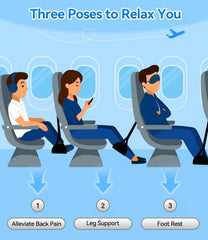 Juxujoin foot hammock on tray table attachment illustrates stable support during flights.