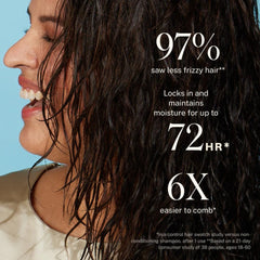 Spray application on damp hair demonstrating detangling and smoothing action.