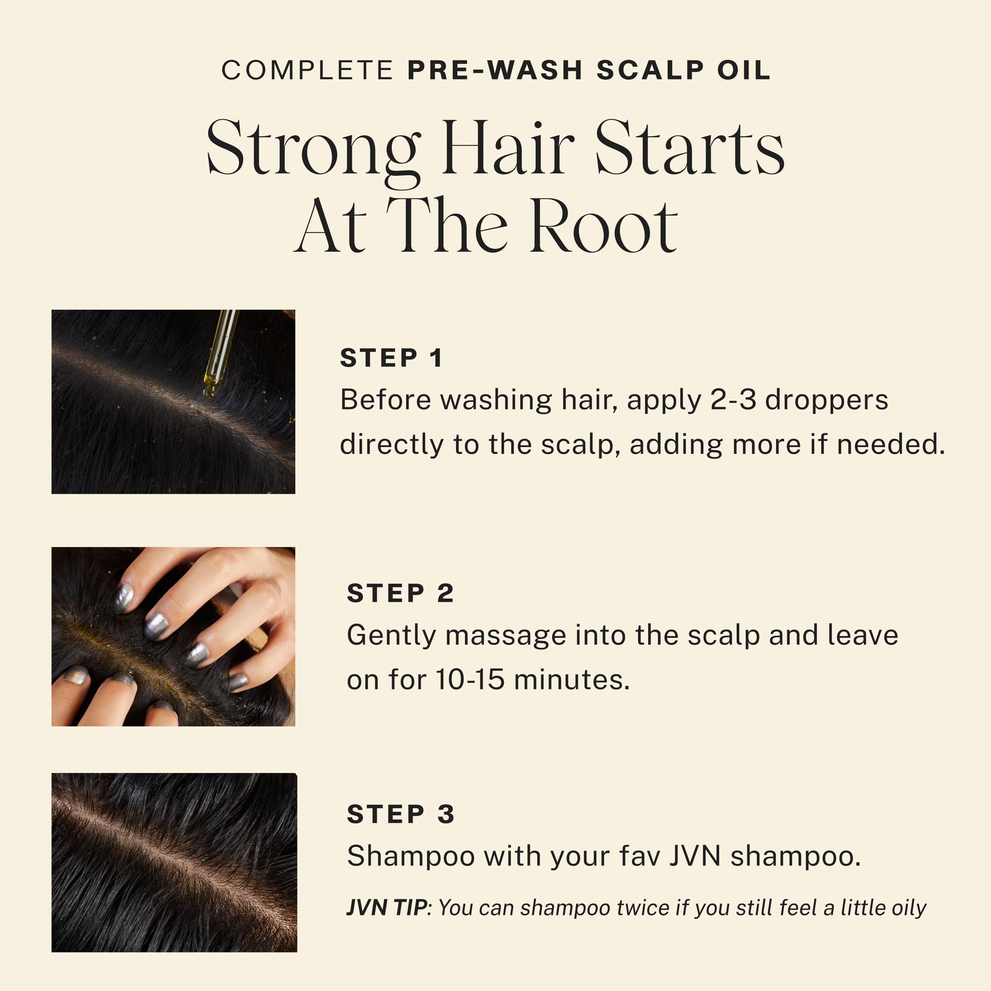 Oil droplets on scalp during application illustrating clarifying pre-wash action