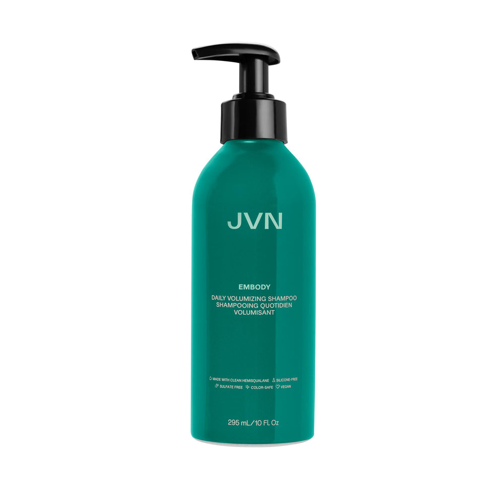 JVN Embody shampoo bottle front promises fuller-looking hair.