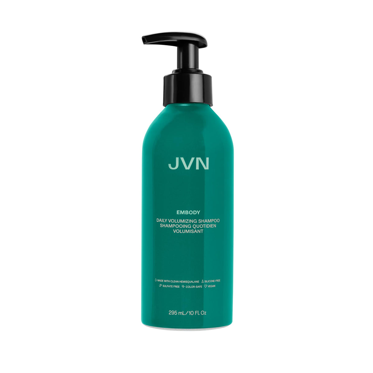 JVN Embody shampoo bottle front promises fuller-looking hair.