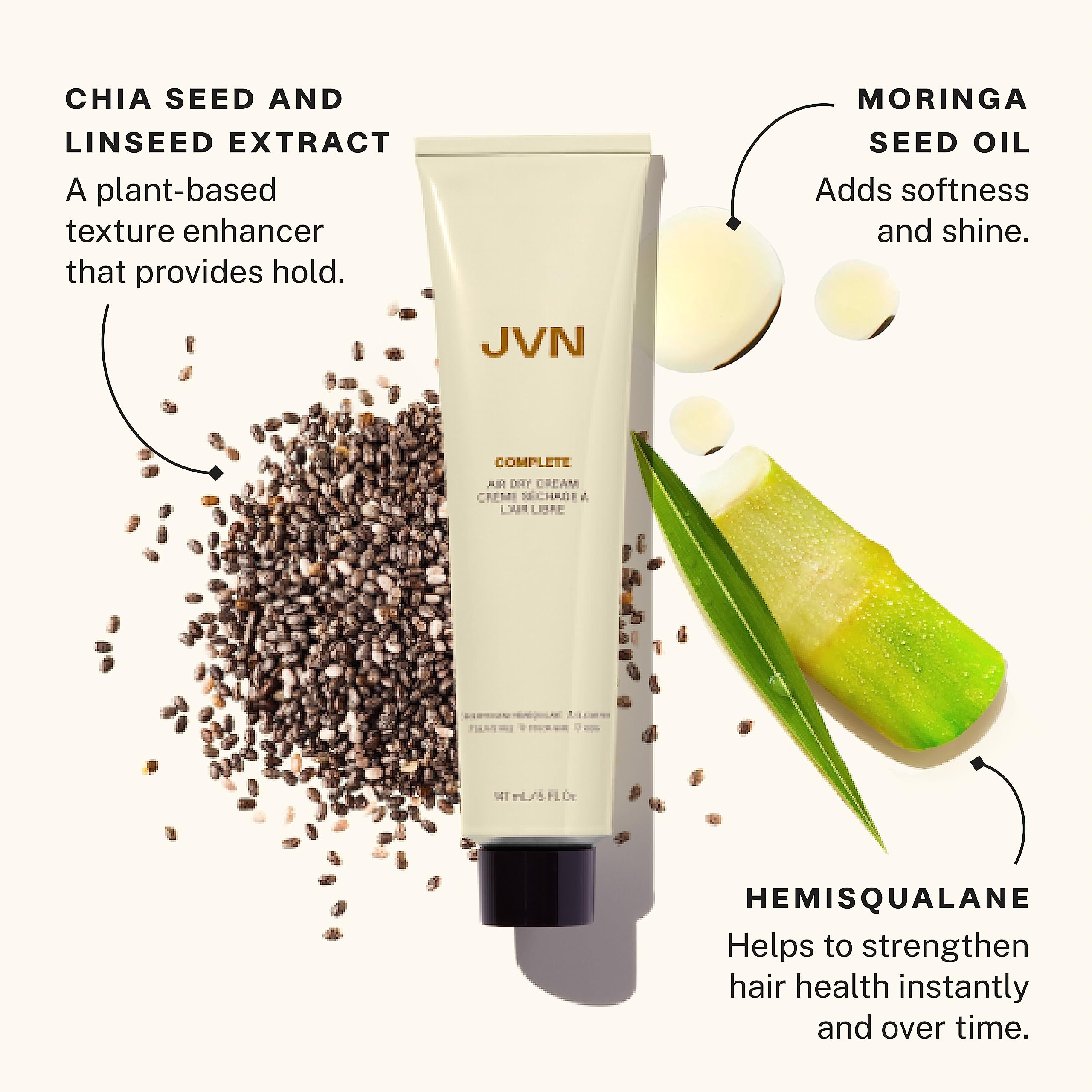 JVN Complete Air Dry Cream packaging highlighting moringa oil hydration.