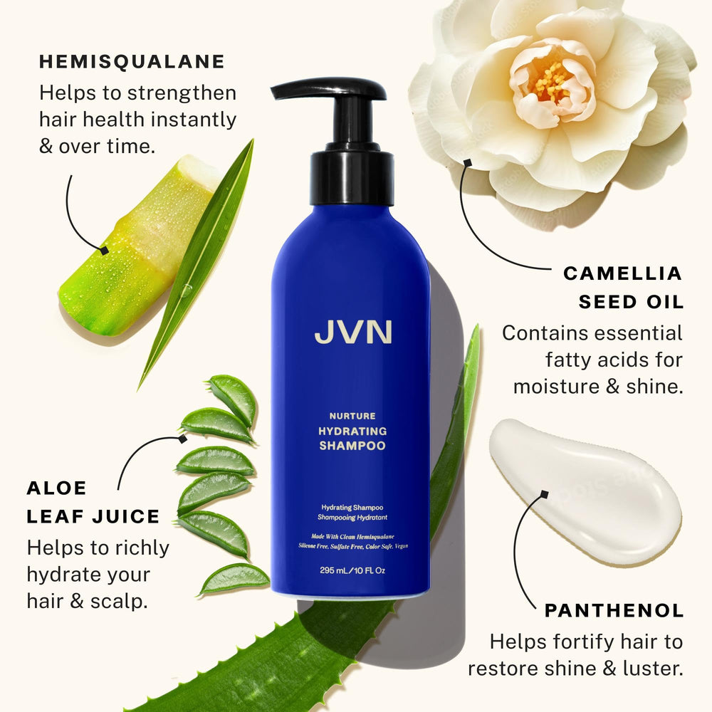 JVN Nurture Hydrating Shampoo close-up label highlighting panthenol and aloe for shine.