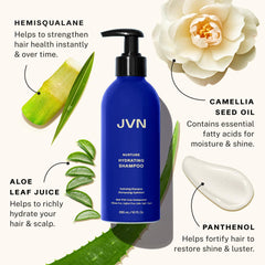 JVN Nurture Hydrating Shampoo close-up label highlighting panthenol and aloe for shine.