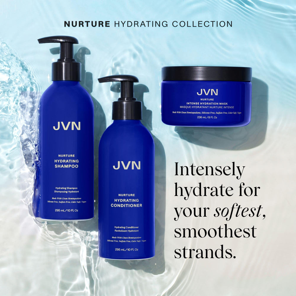 JVN Nurture Hydrating Shampoo wet hair scene with restored moisture and cleanse.
