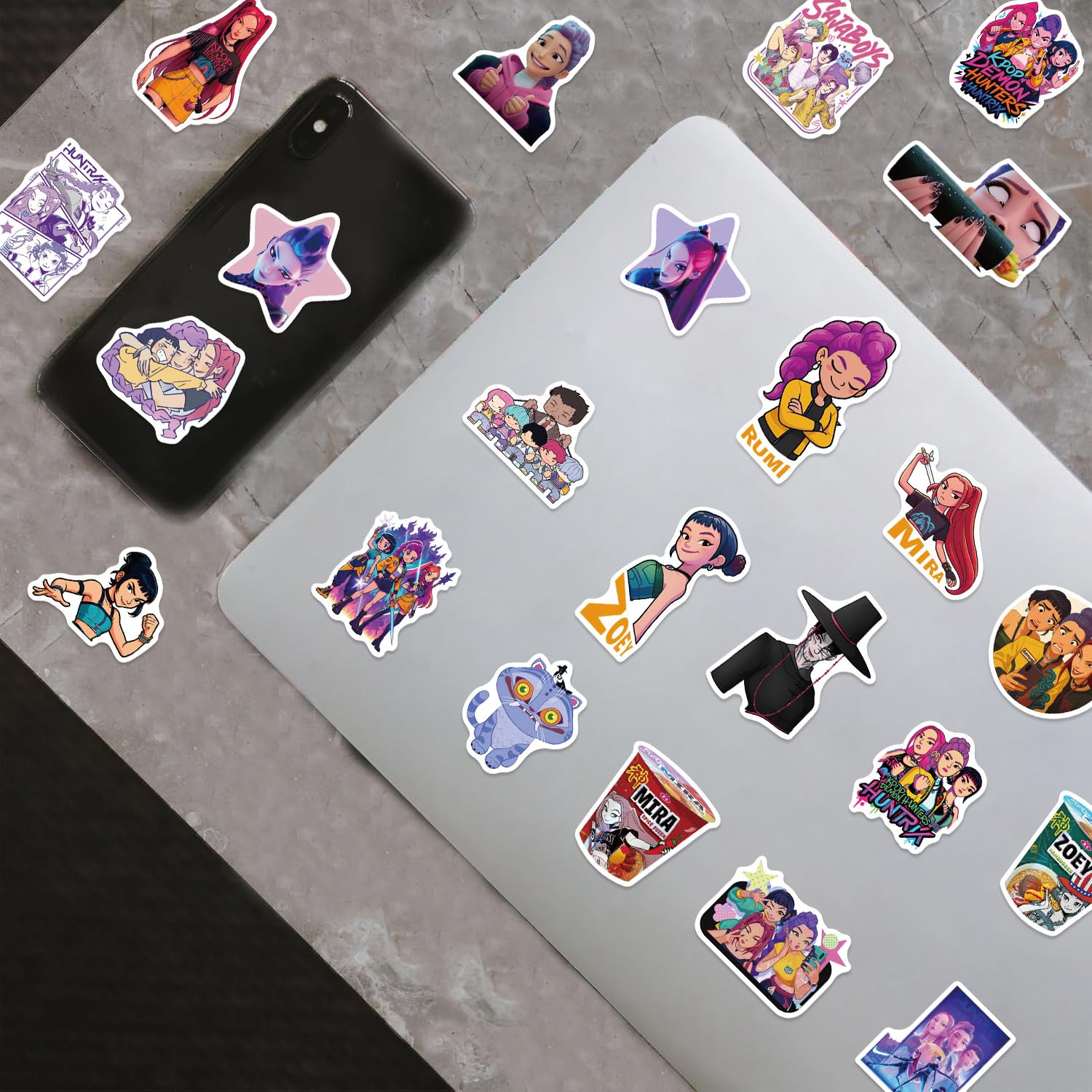 JXJMYU Demon Hunters Zoeystery sticker on phone case remains vibrant.