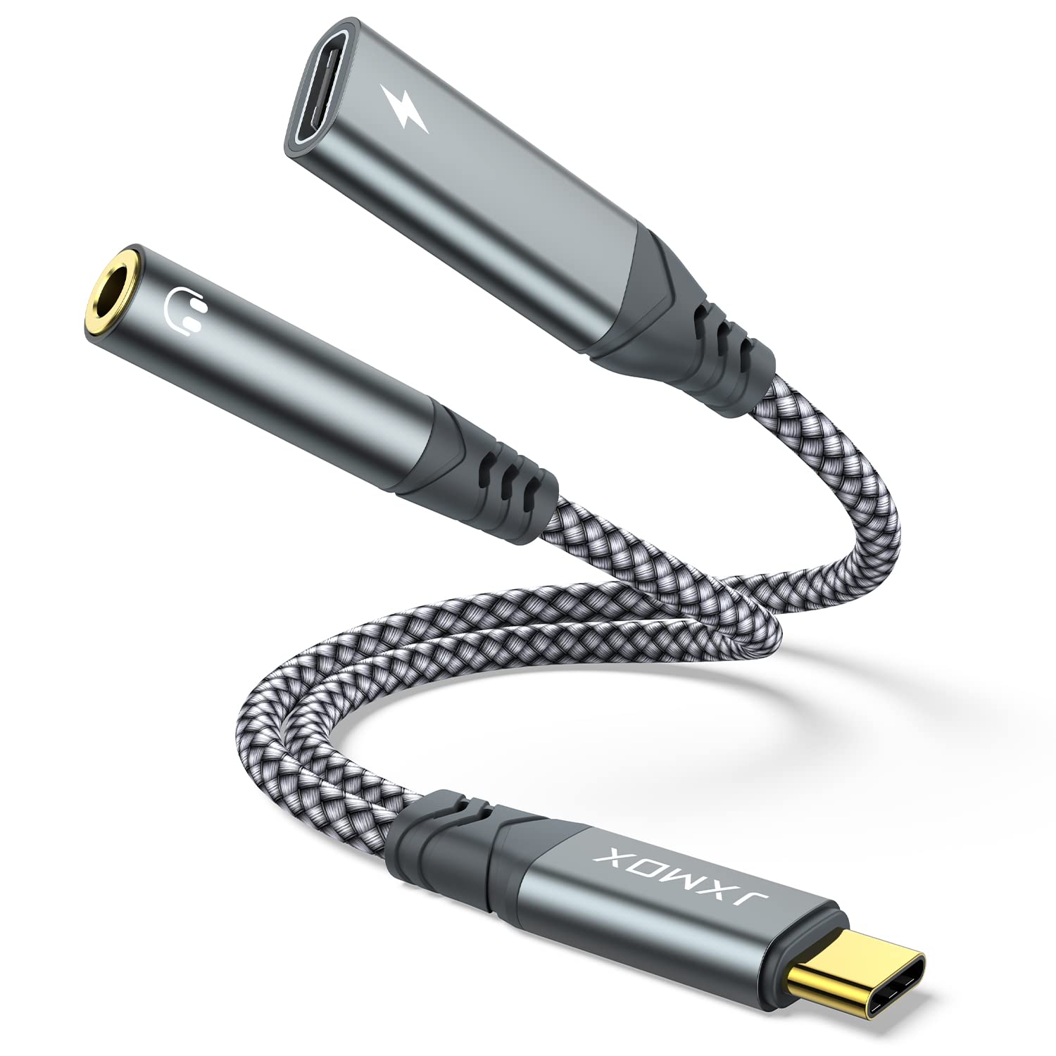 JXMOX USB-C to 3.5mm adapter front view with PD passthrough for charging while listening