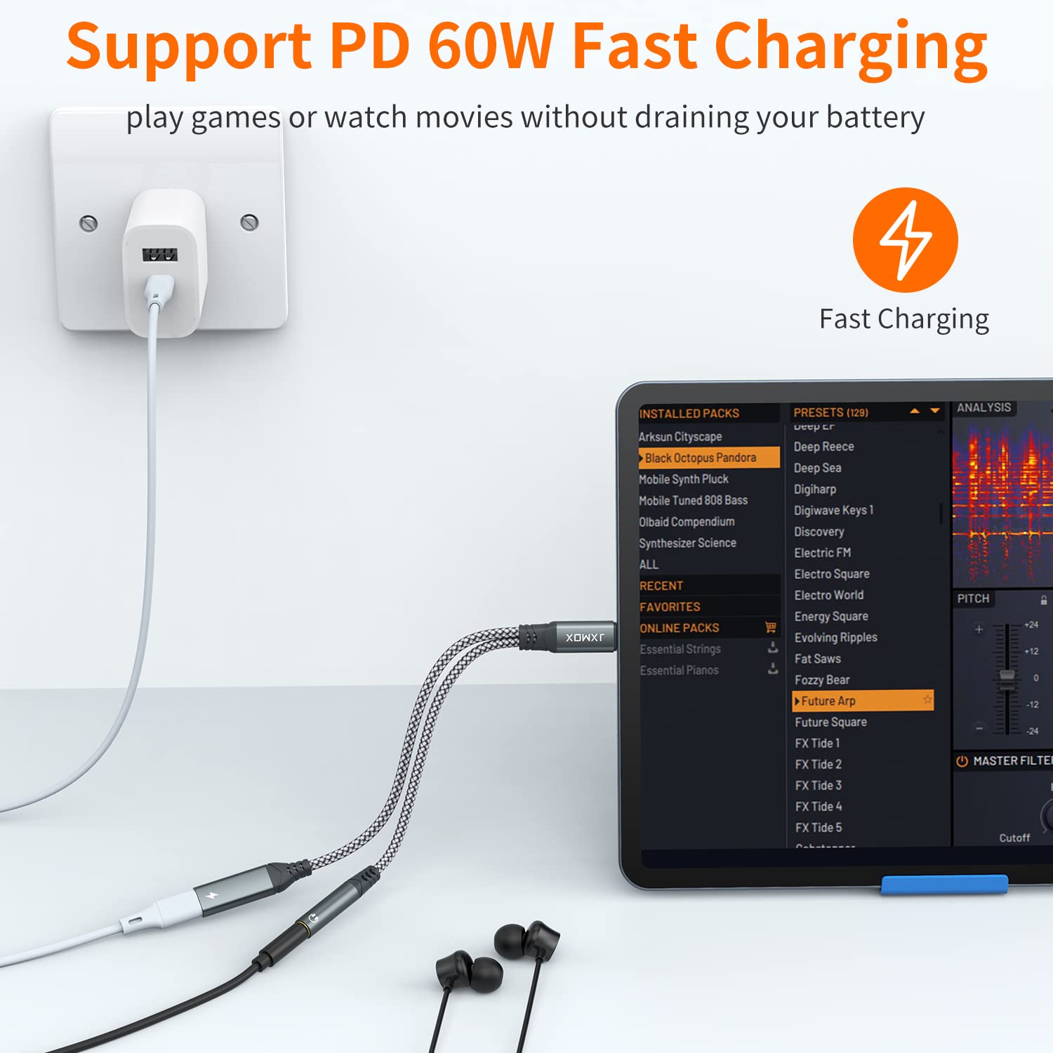 JXMOX adapter in use for gaming with wired audio and pass-through charging