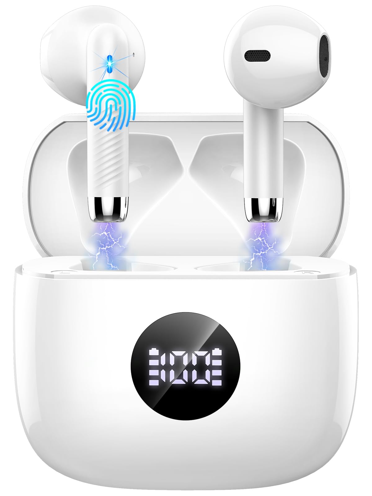 Jxrev Earbuds with LED power display showing battery level for easy charging.