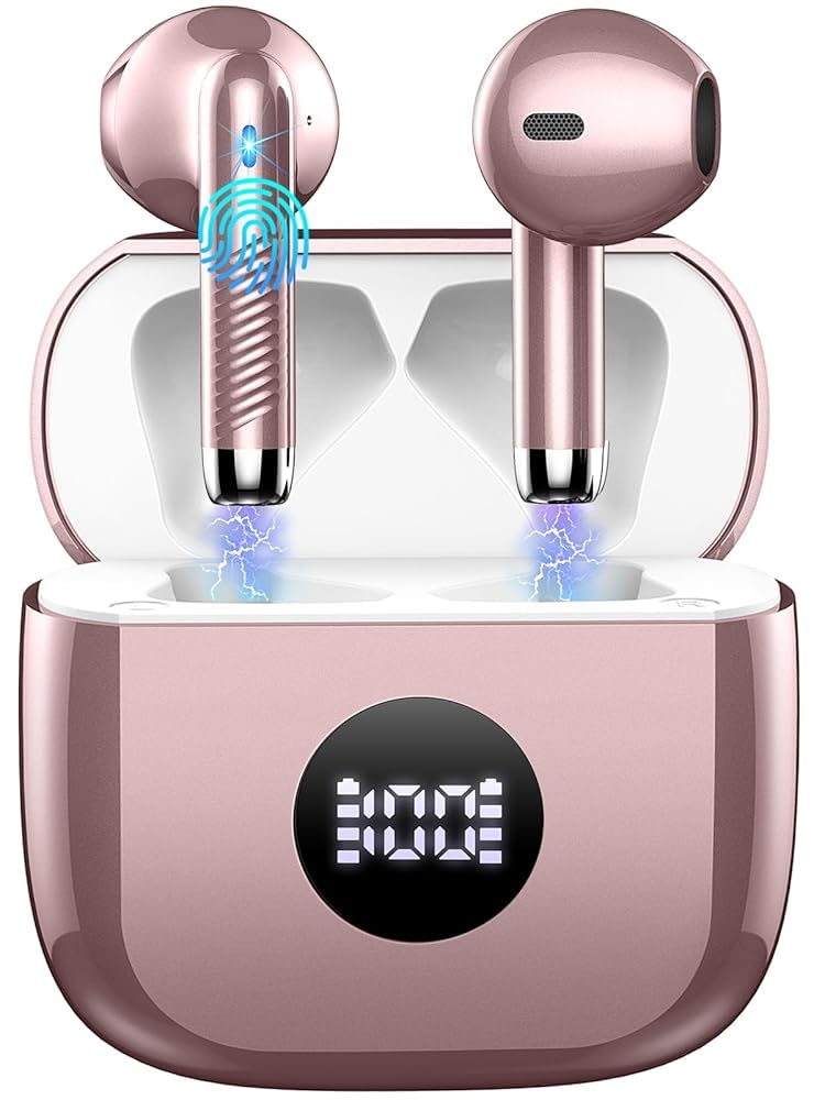 Jxrev wireless earbuds with LED power display showing battery levels